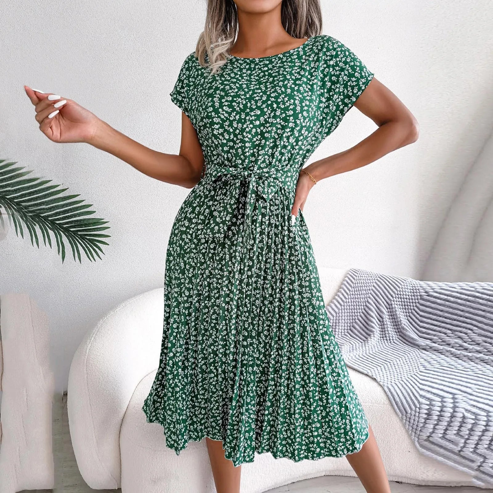 Élodie™ | Robe Midi Fleurie d'Été avec Ceinture