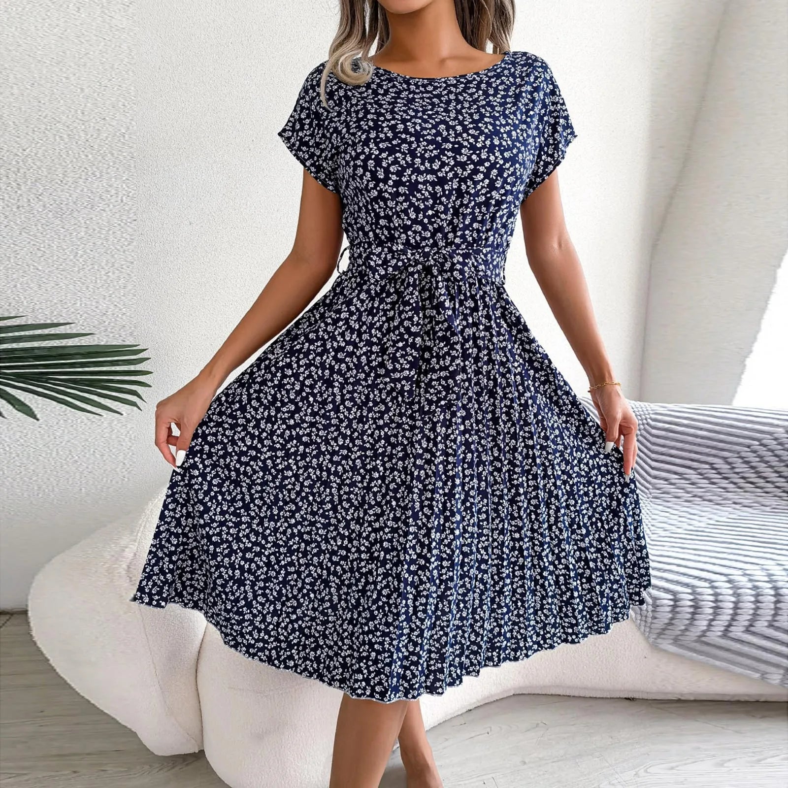 Élodie™ | Robe Midi Fleurie d'Été avec Ceinture