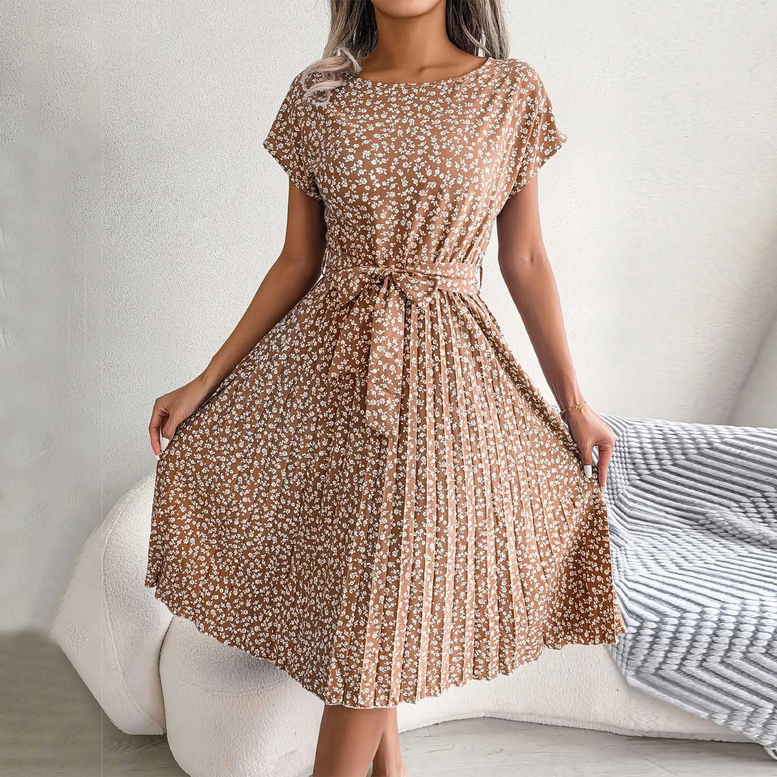Élodie™ | Robe Midi Fleurie d'Été avec Ceinture