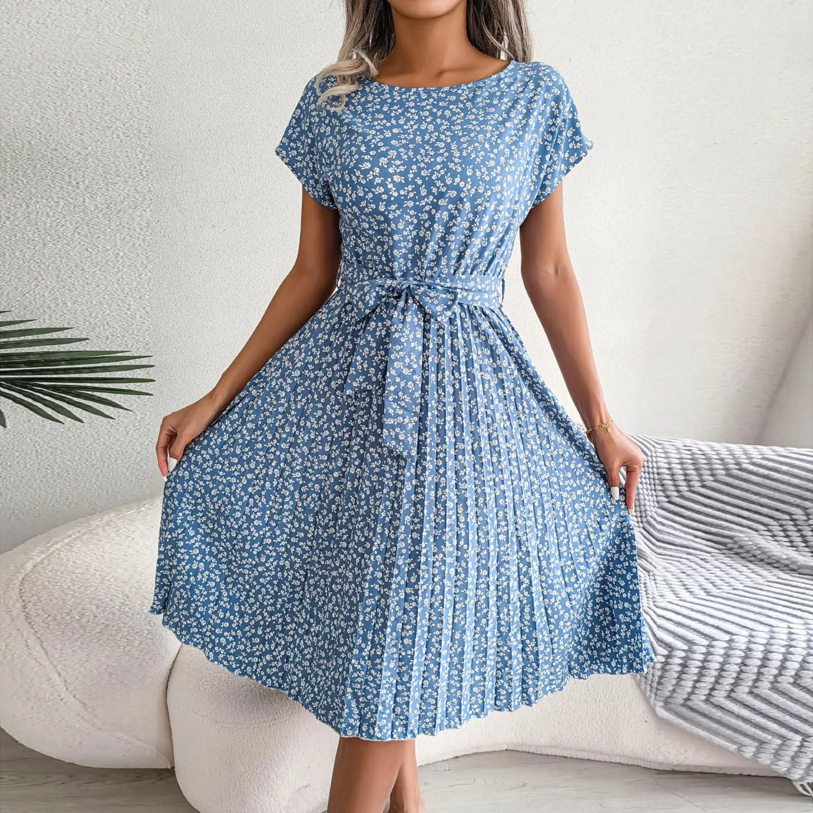 Élodie™ | Robe Midi Fleurie d'Été avec Ceinture