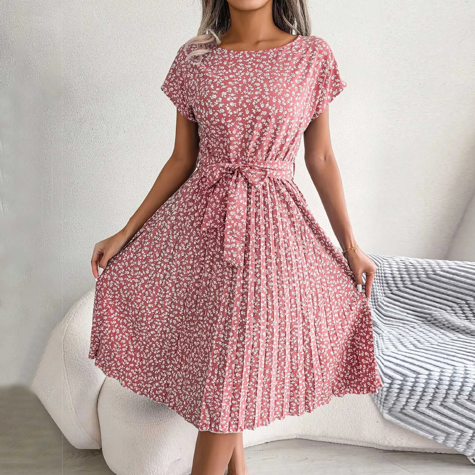 Élodie™ | Robe Midi Fleurie d'Été avec Ceinture