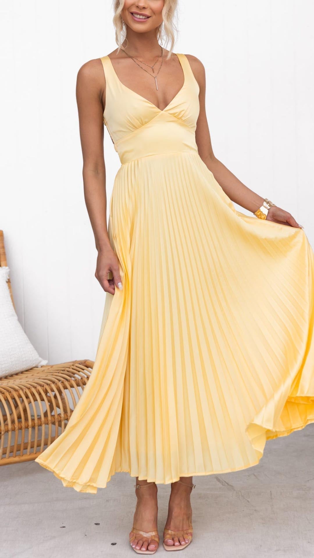 Aby™ | Robe Maxi Plissée Jaune
