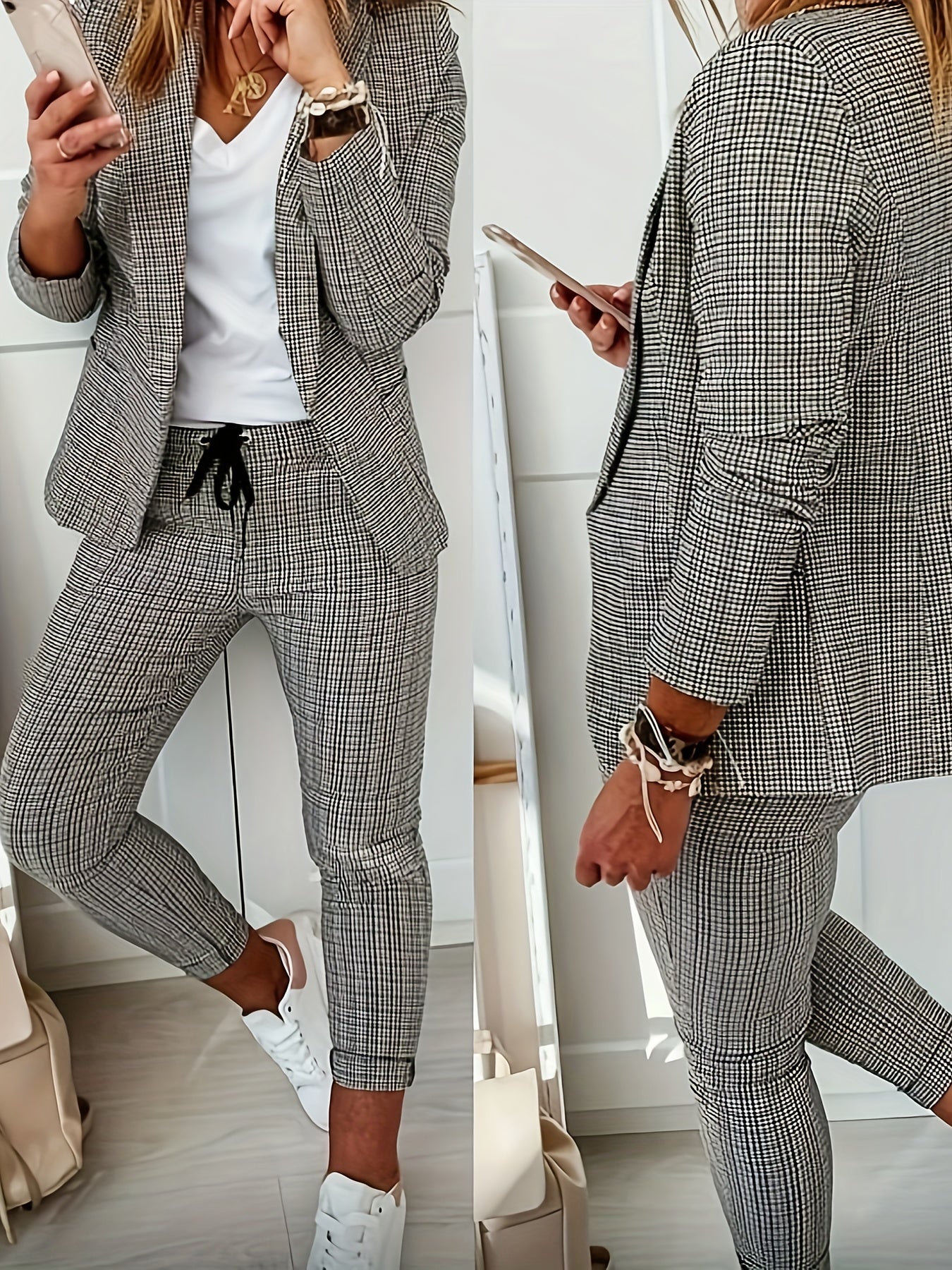 Amélie™ | PREMIUM Ensemble Blazer à Carreaux & Pantalon – Look Élégant Printemps/Hiver