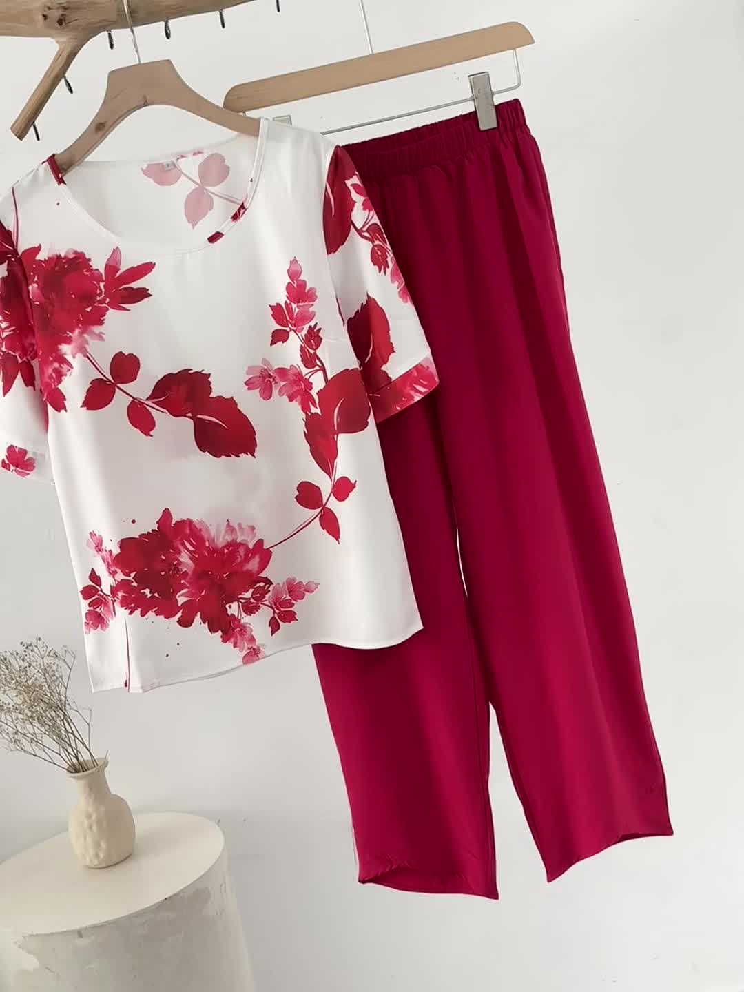 Amara™ | Ensemble Haut Manches Courtes et Pantalon Imprimé Fleurs – Look Élégant Printemps/Automne